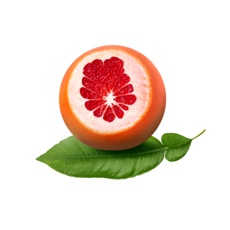 Fresh ripe red grapefruit with green leaves. Red sliced citrus isolated.の写真素材