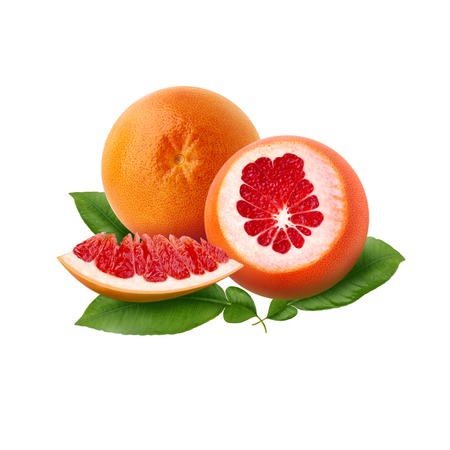 Fresh ripe red grapefruit with green leaves. Red sliced citrus isolated.の写真素材