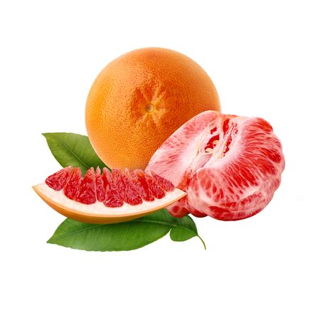 Fresh ripe red grapefruit with green leaves. Red sliced citrus isolated.の写真素材