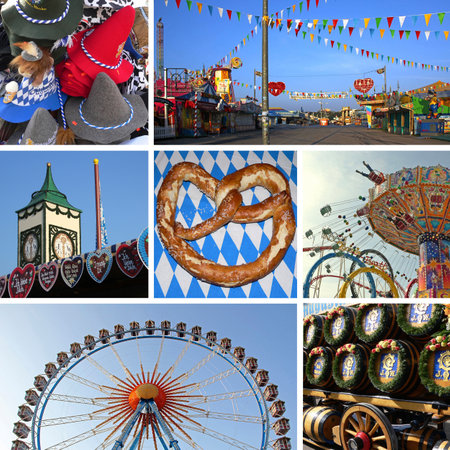 Collage - bavarian oktoberfest munich  1  german bowler hats, 2  Oktoberfest area, 3  bavarian pretzel, 4  big wheel, 5  german beer, 6  ginger bread heartsのeditorial素材