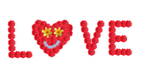 Text  LOVE , made of red gerber daisies and flower heart with smiling faceの写真素材