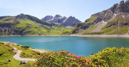 Beautiful view to dam lake luner see, vorarlberg, austrian landscapeの写真素材