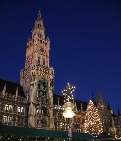 city hall munich and illuminated christmas tree, bavariaの写真素材