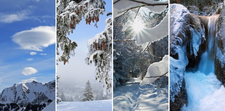 Collage of four images winter wonderland  1  mountain peak and clouds, austria 2  winter landscape,...