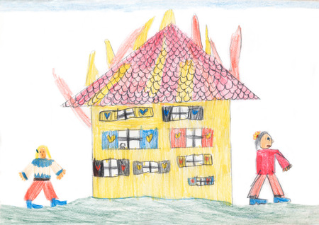 Burning house - children crayons drawing の写真素材
