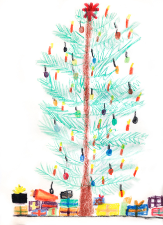 Christmas tree and christmas presents, childish crayons drawing の写真素材