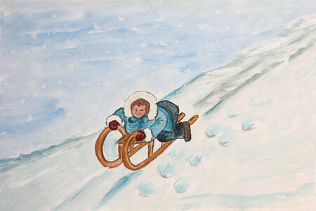 sledding child on a snowy slope, children watercolor painting の写真素材