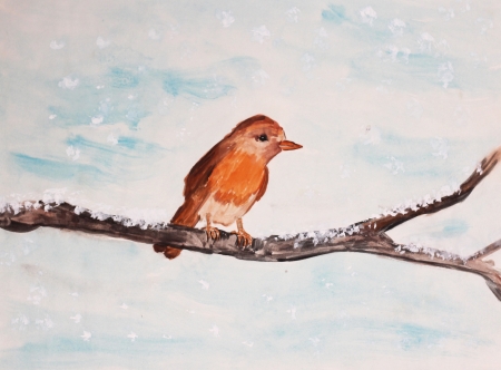 little robin sitting on a branch with snowflakes, children watercolor paintingの写真素材