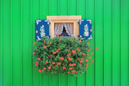 Bavarian boathouse with green Panels, and decorative small window with geranium flowers and painted shuttersの写真素材