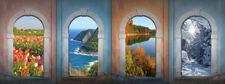 collage four seasons - tulip field, coastal landscape, autumnal pond, winter forest の写真素材