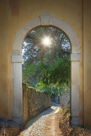 walkway through arched door; ancient footpath with view to olive tree with sunburst の写真素材