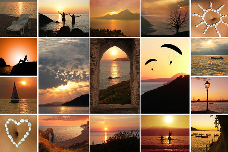 Collage - summer landscape and activities at sunsetの写真素材