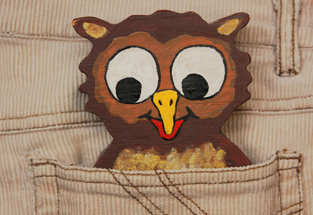 little cute owl in a trousers pocket, handmade wooden toy