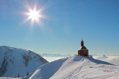 lookout point wallenberg with chapel in wintry landscape, germanyの写真素材