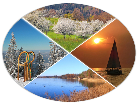 four seasons circle VIII - fruit orchard, sailboat, autumnal lake, long horn sled in the alpsの写真素材
