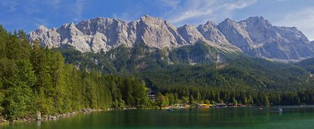panoramic view to lake eibsee and zugspitze, garmisch area, bavaria