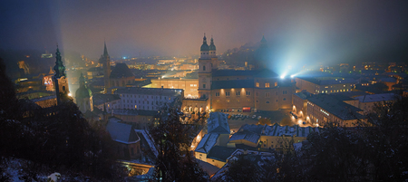 panoramic view from fortress hohensalzburg to old town salzburg with nightly illuminationの写真素材