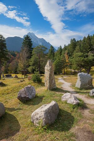 stone column and boulders in mountain landscape bavaria, place for recreationの写真素材