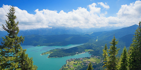 pictorial turquoise mountain lake walchensee, view from aboveの写真素材