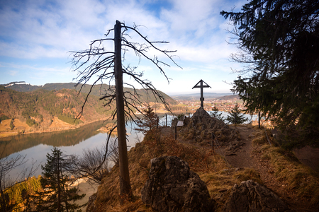 lookout point Hohenwaldeck, view to lake schliersee in autumn, upper bavariaの写真素材