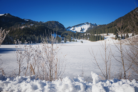 lake spitzing with frozen surface, idyllic upper bavarian winter landscapeの写真素材