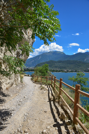 hiking trail along garda lake shore, old ponale road rivaの写真素材