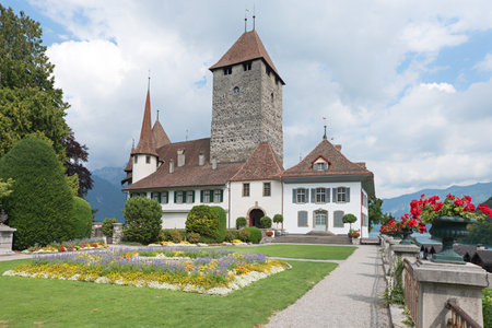 historic spiez castle and beautiful park, canton bern, switzerlandのeditorial素材