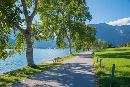 lake shore Buchau, tourist destination Achensee, spring landscape tirolean alps austriaの写真素材