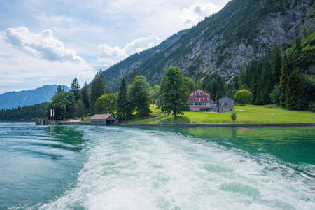 idyllic tourist destination Gaisalm at the lake shore of Achensee, Tyrolの写真素材