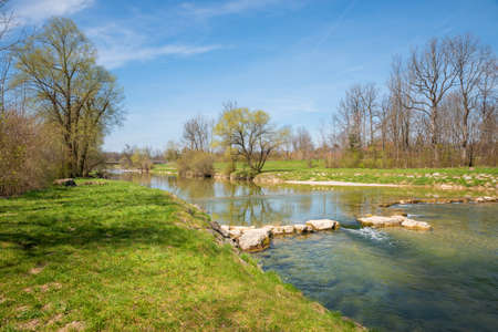 riparian zone Mangfall river near Bad Aibling, upper bavarian landscape in spring