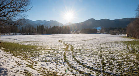 snowy landscape panorama Fischbachau, with mountain view and bright sunshine early in the year. upper bavariaの写真素材