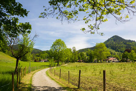 hiking route to ruin Hohenwaldeck, Schliersee landscape upper bavaria in springの写真素材