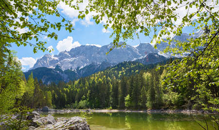 beautiful lake Frillensee Grainau, view to Zugspitze mass at springtime, upper bavarian landscapeの写真素材