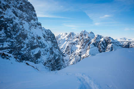 snowy path at summit of Osterfelderkopf Garmisch, bavarian mountains in winter season