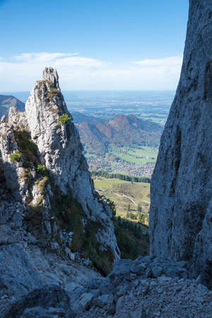 Mountaineering tour to Kampenwand summit, Chiemgau alps Bavaria, vertical shotの写真素材