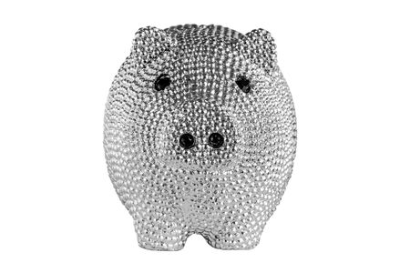 Silver metal piggy bank with black eyes isolated on white background. Front view.の写真素材