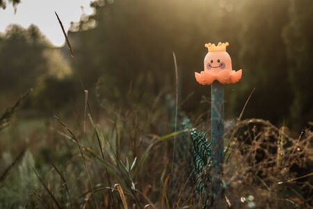 Toy orange octopus on an old green mesh fence on a blurred background with meadow and dew.の写真素材