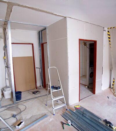 Construction of new walls made of plasterboard in the apartmentの写真素材