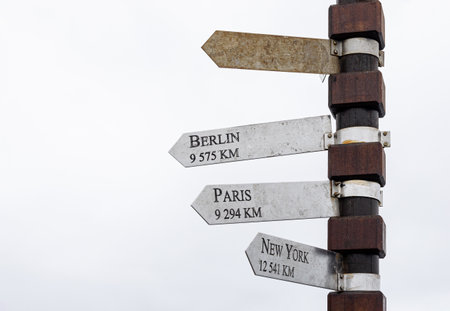 Road sign with arrows pointing to Paris, Berlin and New York. Sign post. Guidance concept.