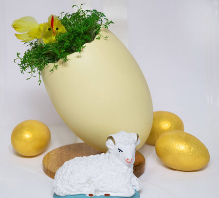 Easter lamb, eggs with chckens and cuckooflowerの写真素材