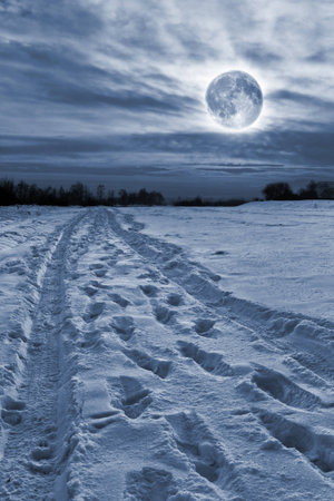 Moon over the snow-covered road の写真素材