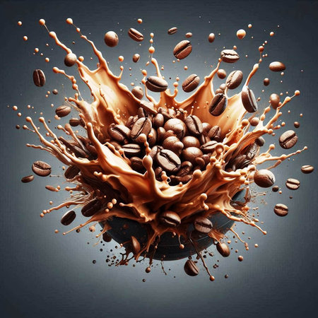 Coffee splash with coffee beans on black background. 3d renderingの写真素材