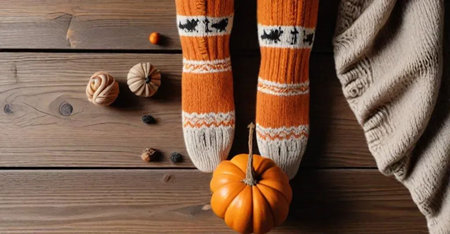Hands in knitted socks with pumpkins on a wooden background