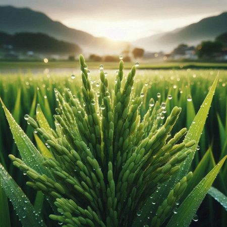 Rice field in the morning with dew and sunrise in the backgroundの写真素材