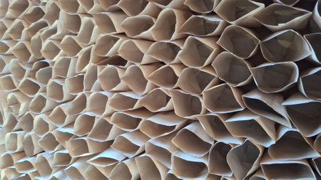 Coffee paper cups arranged in a row. Abstract background.の写真素材