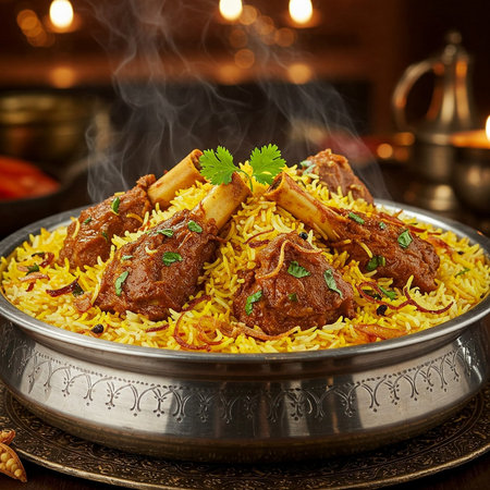 Traditional indian lamb biryani served in a copper bowl.の写真素材