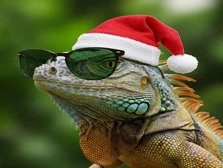 Green iguana wearing a Santa Claus hat and sunglasses on a green backgroundの写真素材