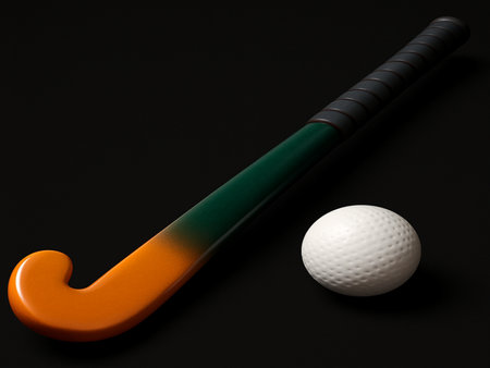 Field hockey is a team sport where players use curved sticks to hit a small, hard ball into the opponent's goal.の写真素材