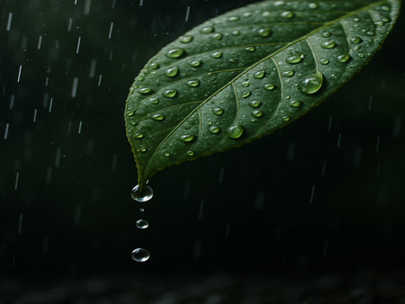 Leaf with water drops on a dark background. Drops of rain