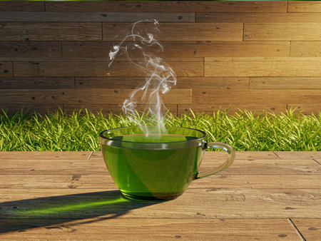 Cup of hot tea with steam on wooden table and wooden wallの写真素材